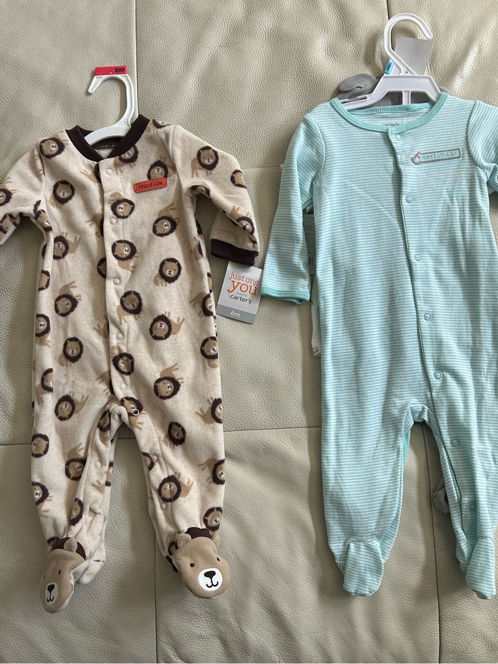 Carter's Beige Lion Print/Playful Dog Footed One-Piece Set, 6 Months, Brand New